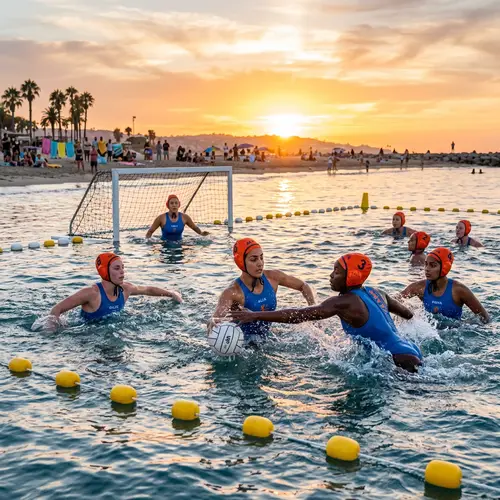 Diverse Women's Water Polo Match on Beach | Vibrant Scene