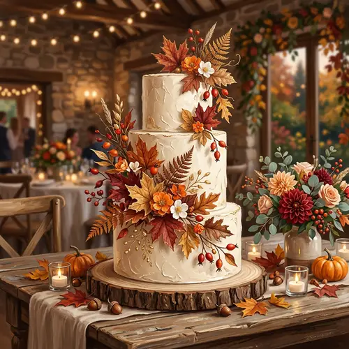 Elegant Fall Wedding Cake with Autumn Leaf Decorations