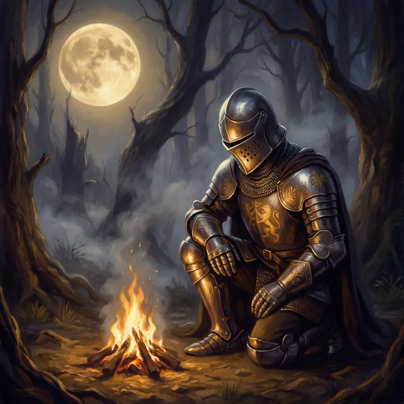 Medieval Knight in Shining Armor Kneeling by Campfire