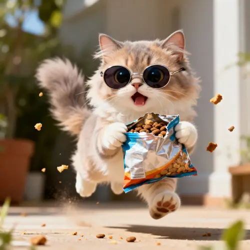 Cute Cat in Sunglasses with Cat Food Bag