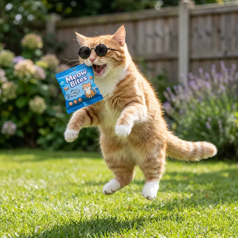 Cute Cat in Sunglasses with Cat Food Bag
