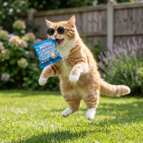 Cute Cat in Sunglasses with Cat Food Bag