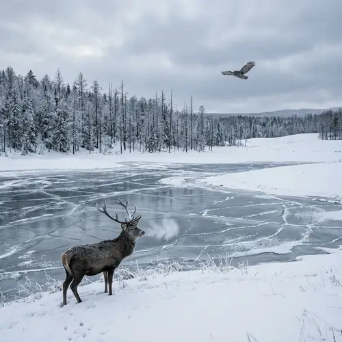 Tranquil Winter Landscape: Snow, Forest, Lake, Stag & Owl