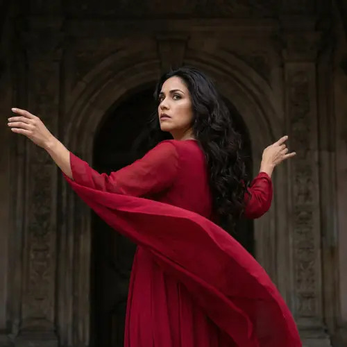Dramatic Hispanic Woman in Red Dress | Cinematic Pose