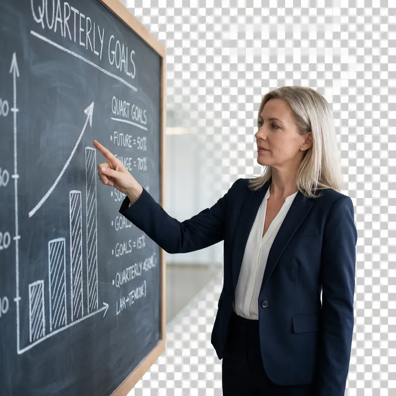 Realistic Blonde Businesswoman Pointing at Chalkboard