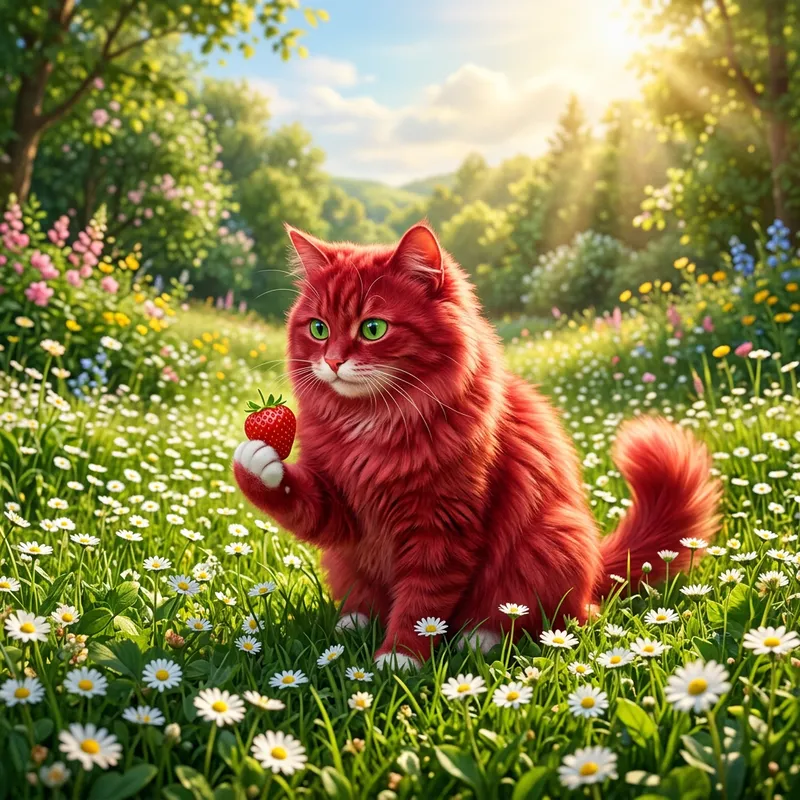 Whimsical Red Cat Amongst Strawberry Fields