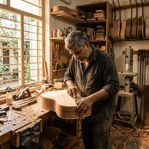 Crafting Guitar: South Asian Man Creating Musical Beauty
