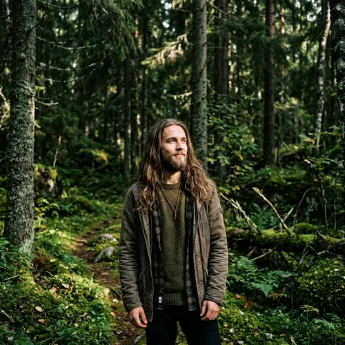 Finnish Man in Dark Forest: Serene Isolation and Enchantment