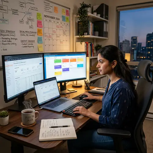 Hyper-Realistic South Asian Woman in Digital Marketing Scene