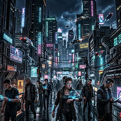 Dystopian Future in 2840: Dark Skyscrapers, Neon Glow, and Technological Dominance
