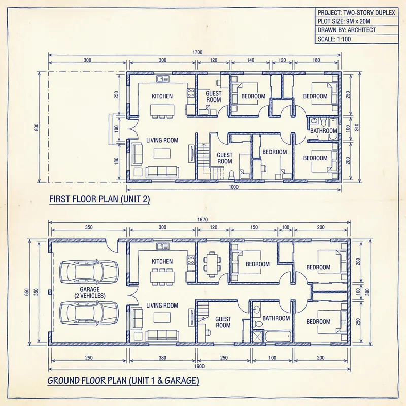 Detailed Two-Story Building Design for Independent Living Units with Garage