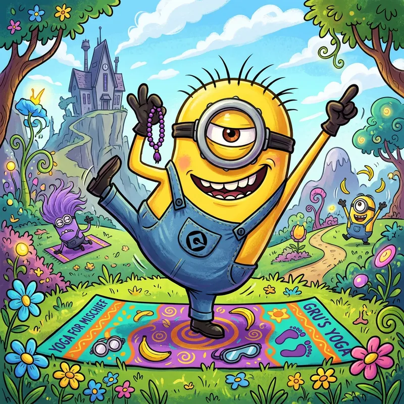 Evil Minion Yoga: Whimsical Cartoon Illustration