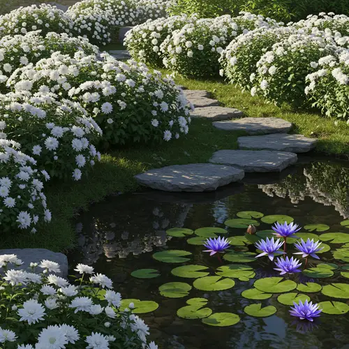 Tranquil Garden of White Chrysanthemums & Water Lilies