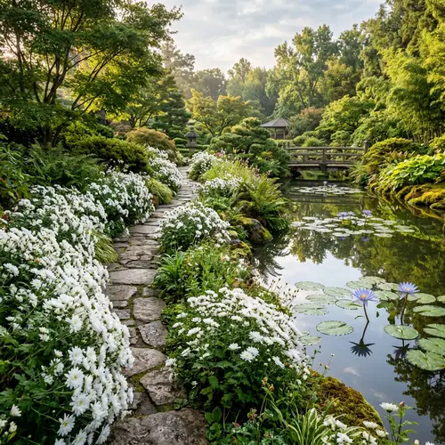 Tranquil Garden of White Chrysanthemums & Water Lilies