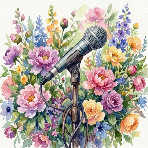 Vocalist Microphone Among Watercolor Flowers