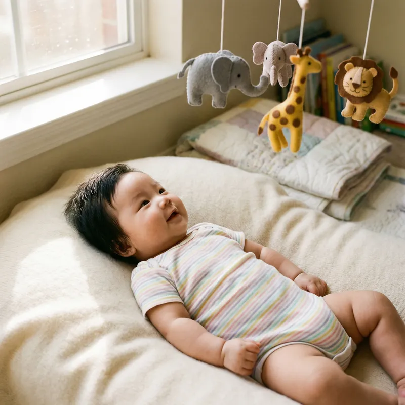 Adorable Asian Baby Admiring Colorful Mobile on Soft Blanket