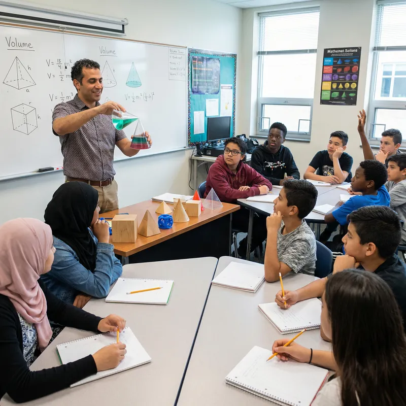 Middle-Eastern Male Teacher Demonstrating Volume of Pyramid and Cone