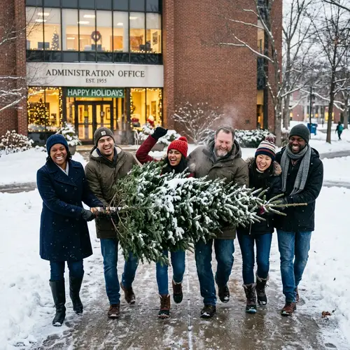 Diverse Administrators Transporting Christmas Tree | Office Fun