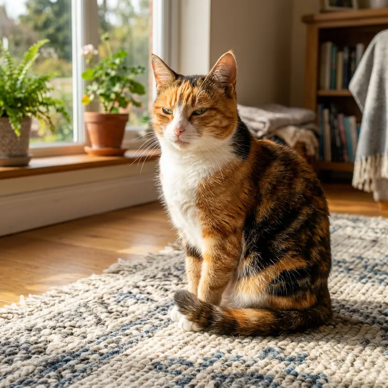 Majestic Orange, White, and Black Cat on Woolen Rug
