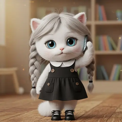 Cute Fluffy White Kitten with Braided Pigtails