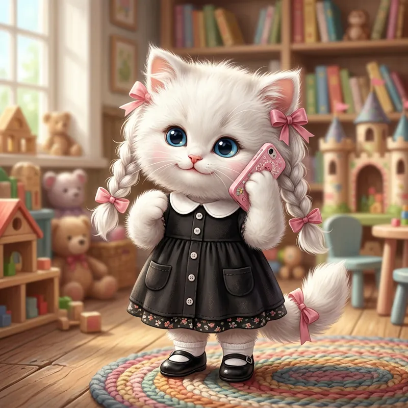 Cute Fluffy White Kitten with Braided Pigtails