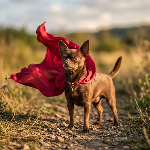 Brown Female Chihuahua in Billowing Cape | Proud Standing Pose