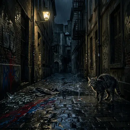 Mysterious Night Scene in City Alley - Eerie and Rainy