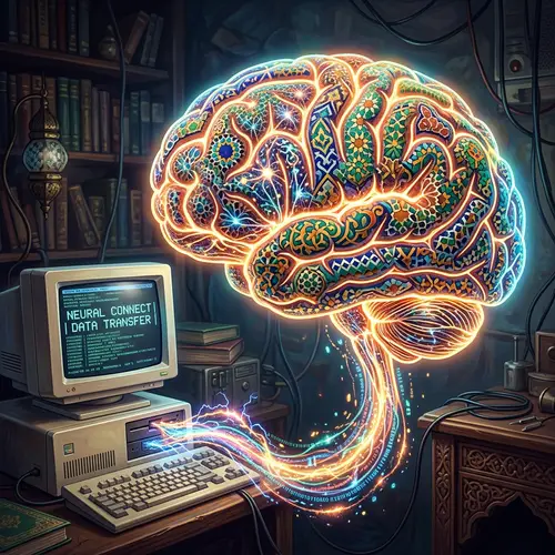 Intricate Moroccan-Patterned Brain Connected to Vintage Computer