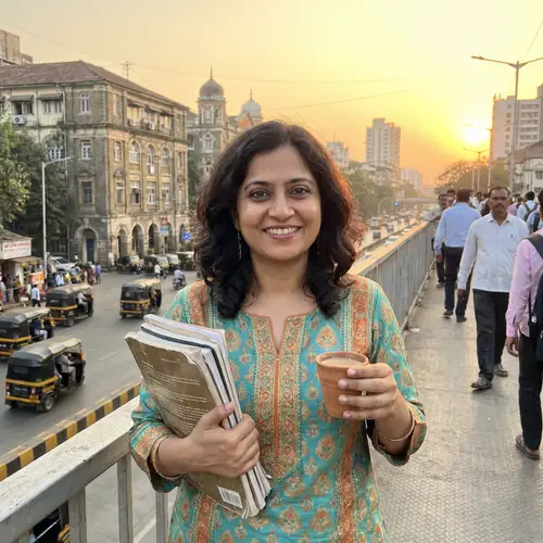 South Asian Woman in Traditional Attire with Academic Journals and Chai