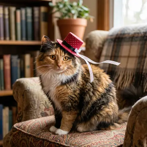 Fluffy Calico Cat Wearing Miniature Top Hat