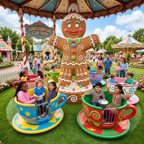 Kids Enjoying Teacup Rides with Giant Gingerbread