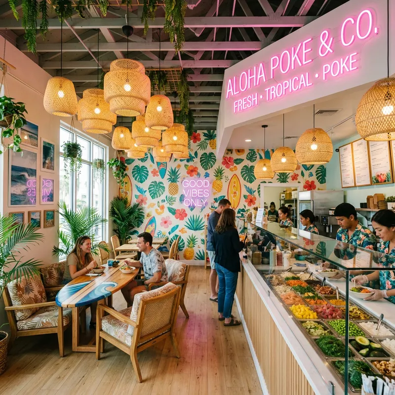 Tropical PokeBowl Shop | Radiant Pink Lights & Fresh Ingredients Tropical PokeBowl Shop | Radiant Pink Lights & Fresh Ingredients