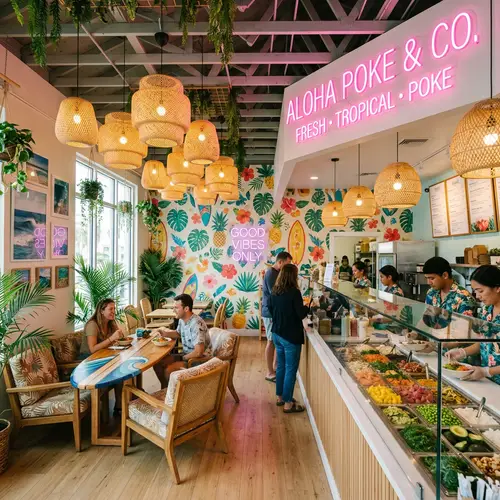 Tropical PokeBowl Shop with Pink Neon Lights | Fresh Ingredients