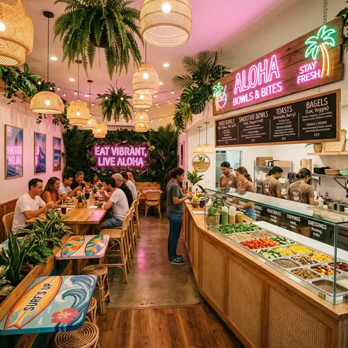 Tropical Vibe Healthy Fast Food Restaurant | Surfing-Themed Ambiance