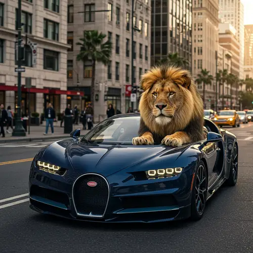 Lion Driving a Bugatti Divo in the City