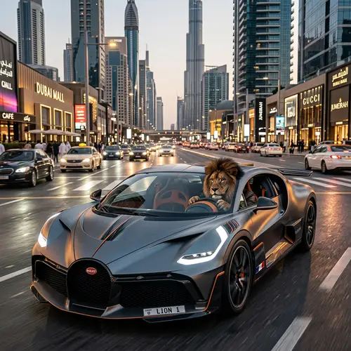 Lion Driving a Bugatti Divo in the City