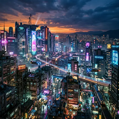 Futuristic City Scape at Sunset - Cyberpunk Urban Landscape