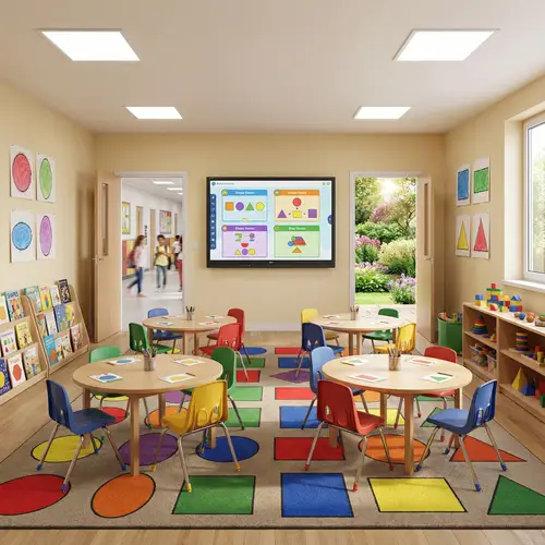 Classroom Design with Smart Board, Garden View, and Shapes