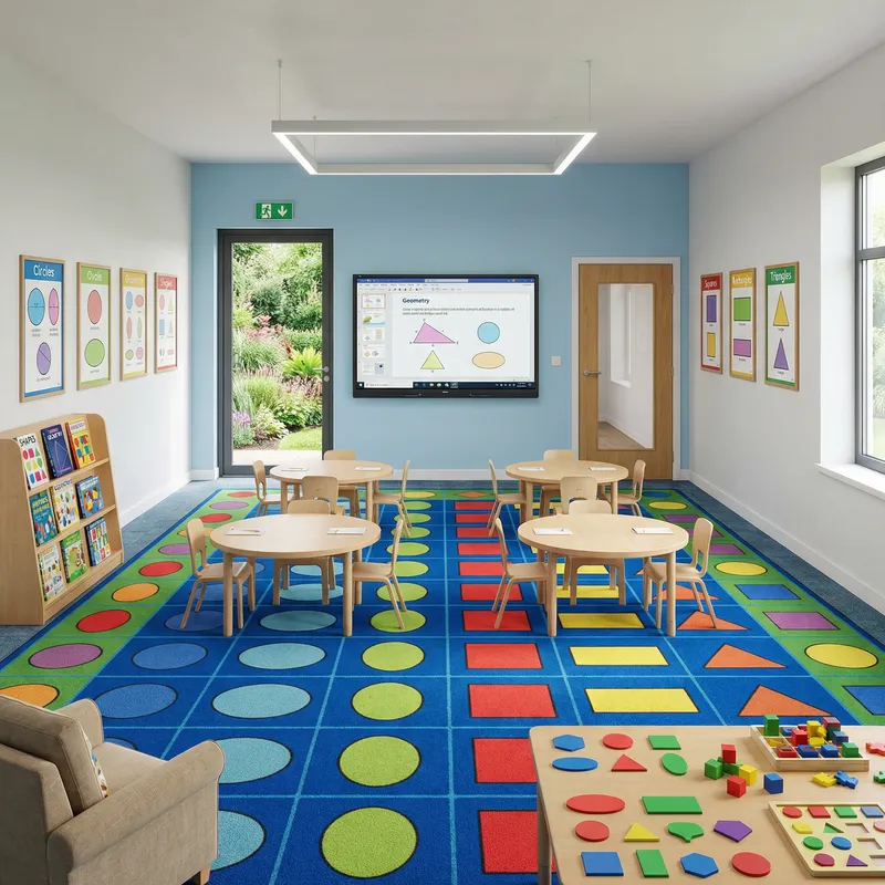 Interactive Classroom Model with Smart Board, Garden Exit & Hands-On Activities