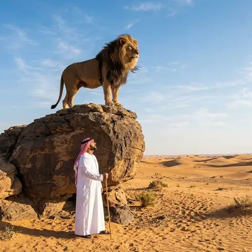 Majestic Lion and Middle-Eastern Man in the Desert