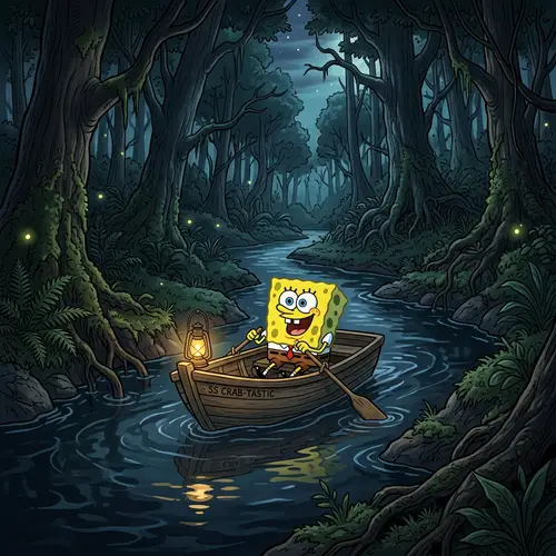 Spongebob's River Adventure in a Dark Forest