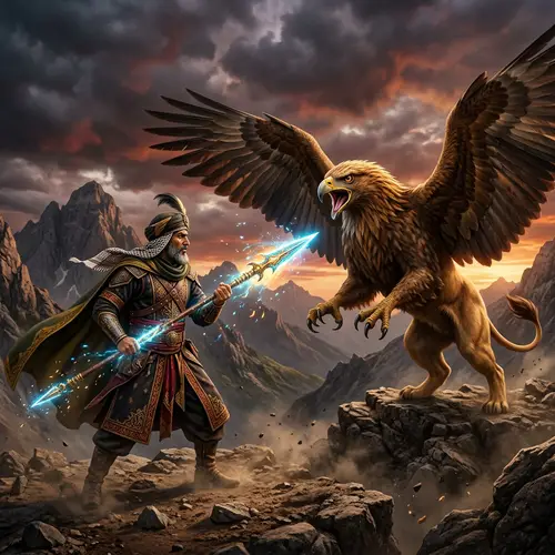 Epic Battle: Spearman vs Griffin in Enchanting Scene