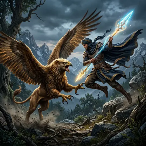 Mystical Spearman Battles Majestic Griffin
