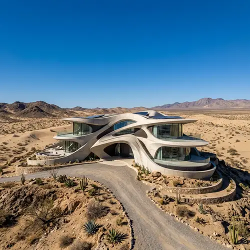 Futuristic Zaha Hadid Style Villa in Desert Landscape