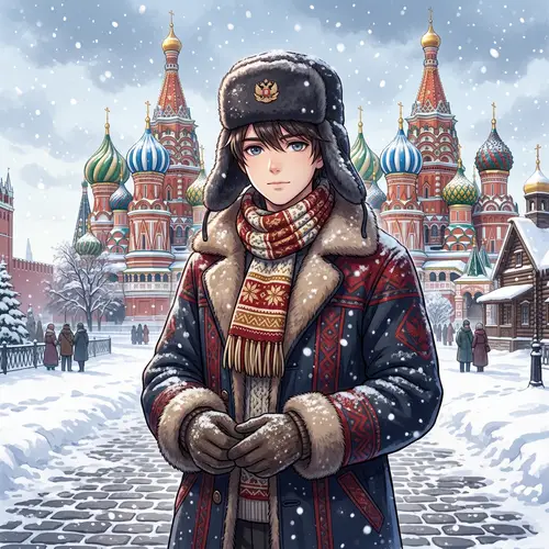 Teenage Russian Boy in Traditional Attire | Winter Anime Illustration