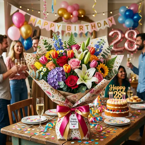 Colorful Birthday Flower Bouquet: Roses, Lilies, Tulips