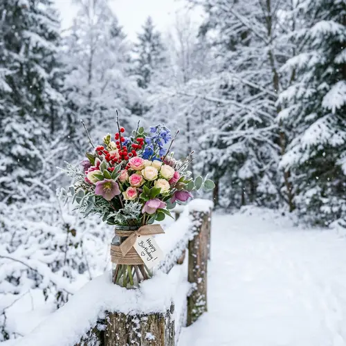 Winter Birthday Flowers: Beautiful Bouquet in Snowy Setting