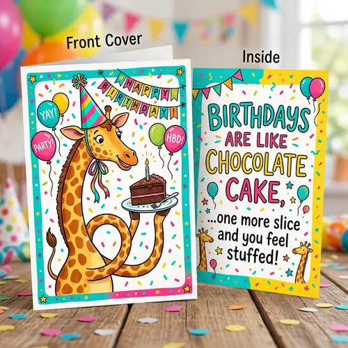 Humorous Giraffe Birthday Card with Chocolate Cake Punchline