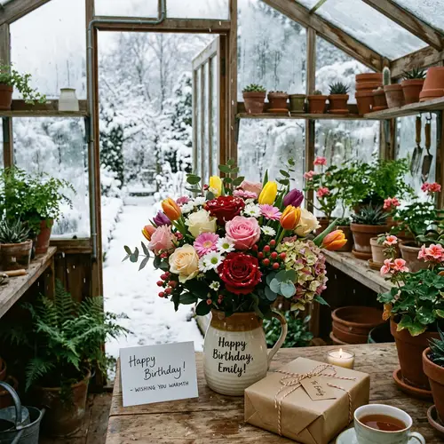 Winter Bloom Birthday Gift: Roses, Tulips & Daisies in a Greenhouse