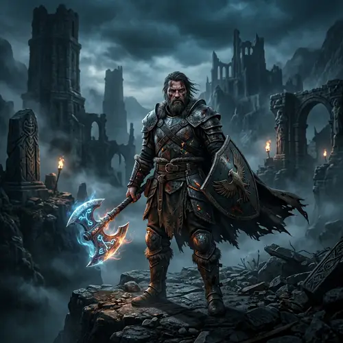 Epic Mythical Video Game Scene with Armored Protagonist and Magical Axe
